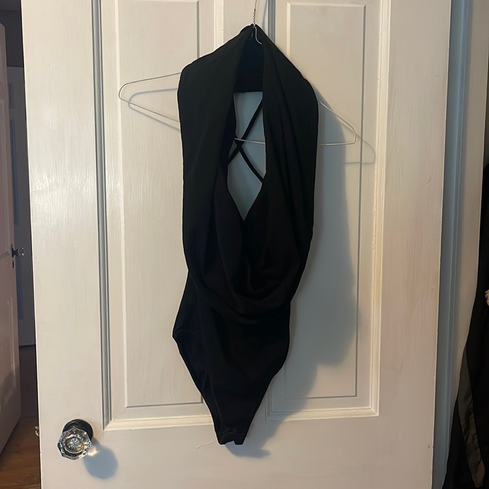 Cowl neck back lace up bodysuit